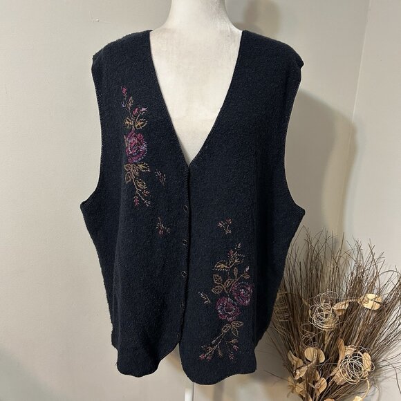 VTG Koret Women Blue Floral Embroidered Button Up Sweater Vest Wool Blend Sz 2X - Picture 1 of 6